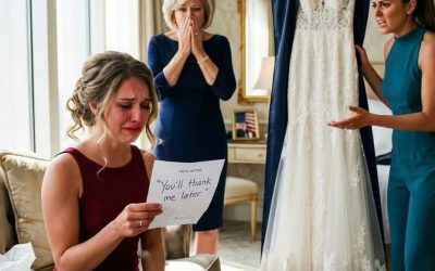 În dimineața ceremoniei, am deschis carcasa rochiei mele de mireasă și am găsit ceva ce nu alesesem niciodată: o rochie mai mare, mai fluidă, acoperită cu strasuri. Apoi am observat biletul fixat înăuntru. Tocmai a spus: “Îmi vei mulțumi mai târziu. — Judith” și dintr-o dată nimic nu s-a mai simțit bine.