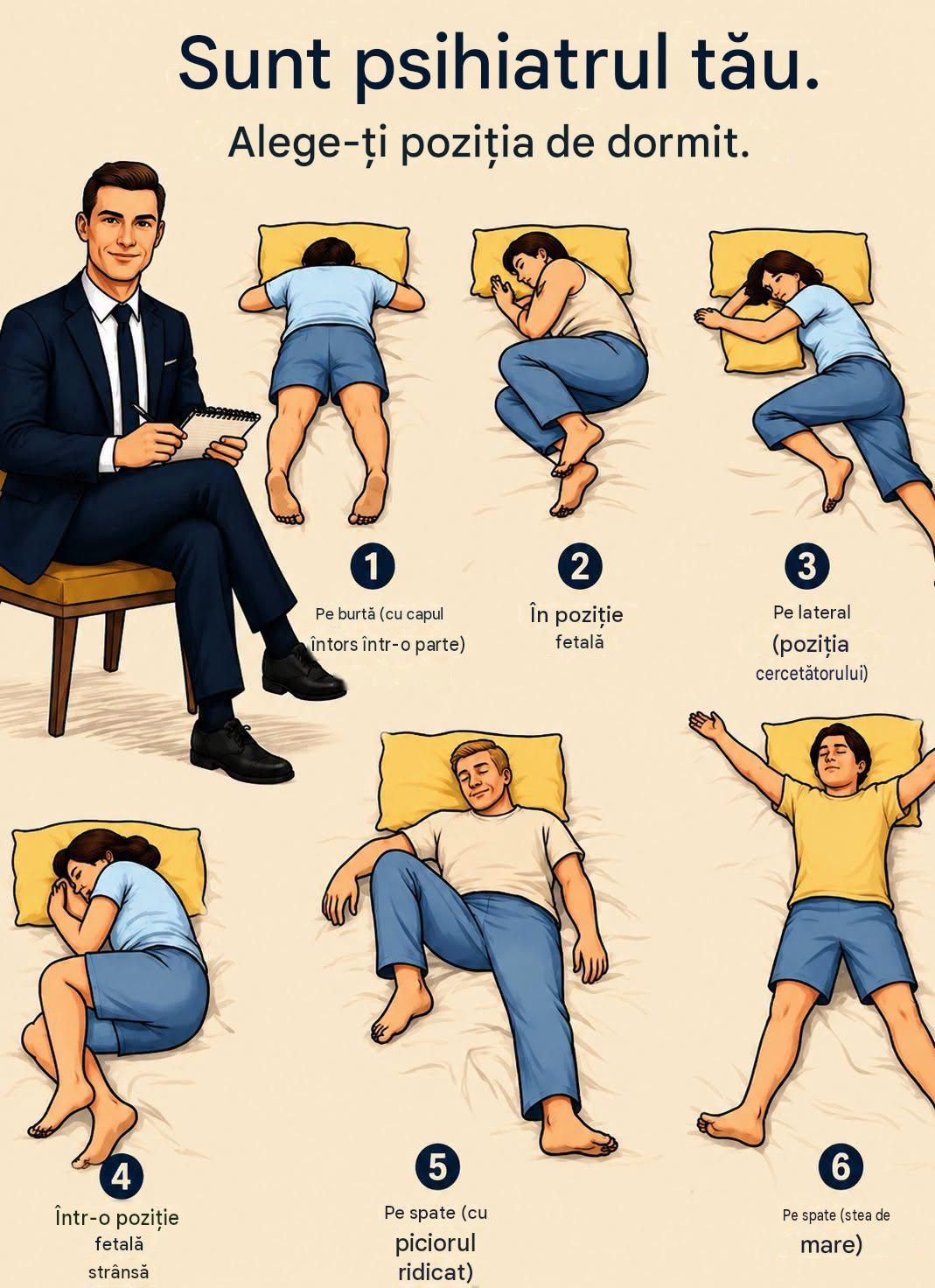 Alege-ți poziția de dormit și descoperă secretele personalității tale. 👇 Știai că felul în care dormi spune multe despre mintea și viitorul tău? 😴✨ Privește cu atenție imaginea, alege numărul poziției în care dormi de obicei și dă clic pe link pentru a citi analiza psihologică completă. Spune-mi în comentarii ce număr ai ales! 👇👀